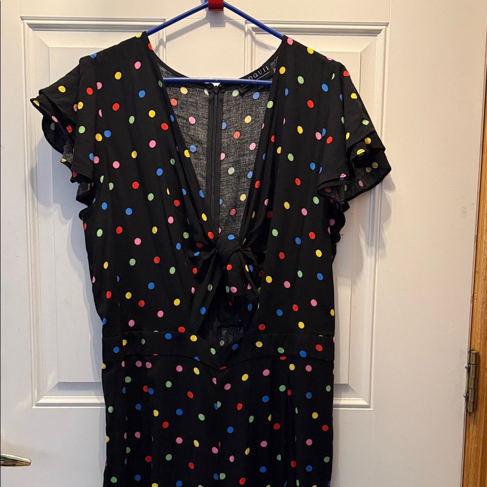 Eloquii Black Tie-Front Polka Dot Jumpsuit